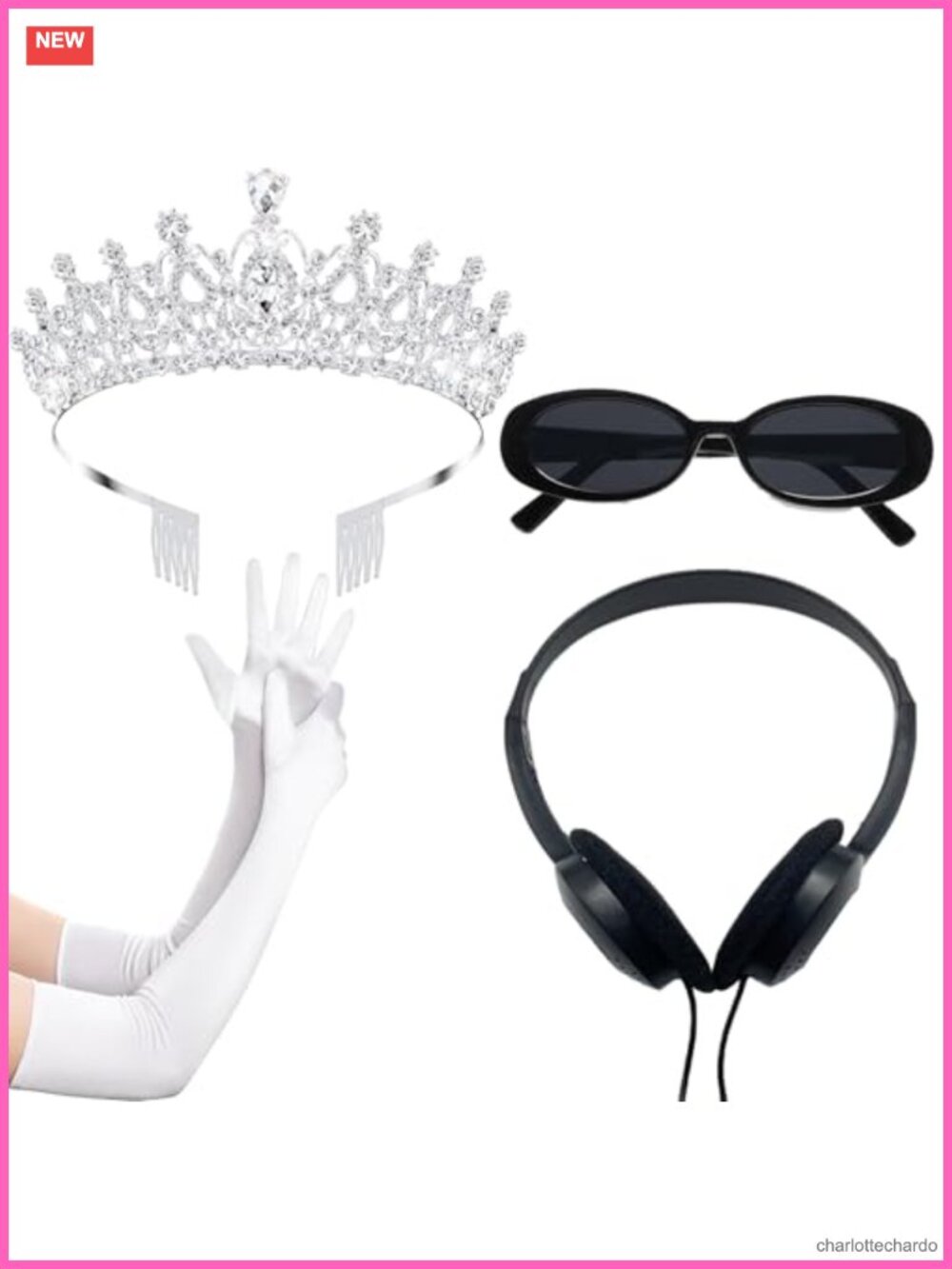 Princess Costume Accessory Set Silver Tiara Gloves Sunglasses Headphones